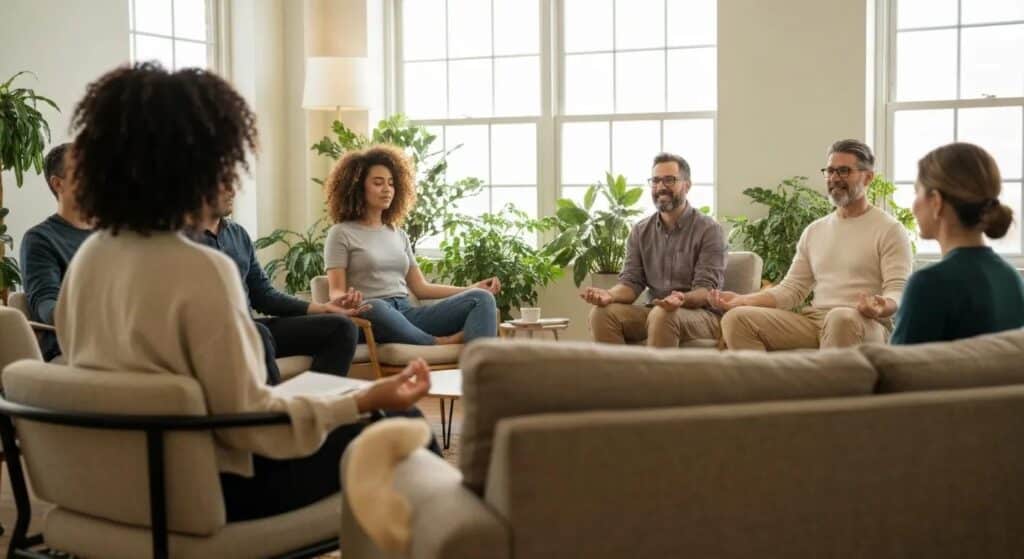 Group therapy session enhancing cognitive function and emotional resilience through mindfulness
